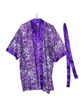 Sante Classics Robe Size Large Purple Roses Print Silky Polyester Beltloops Belt